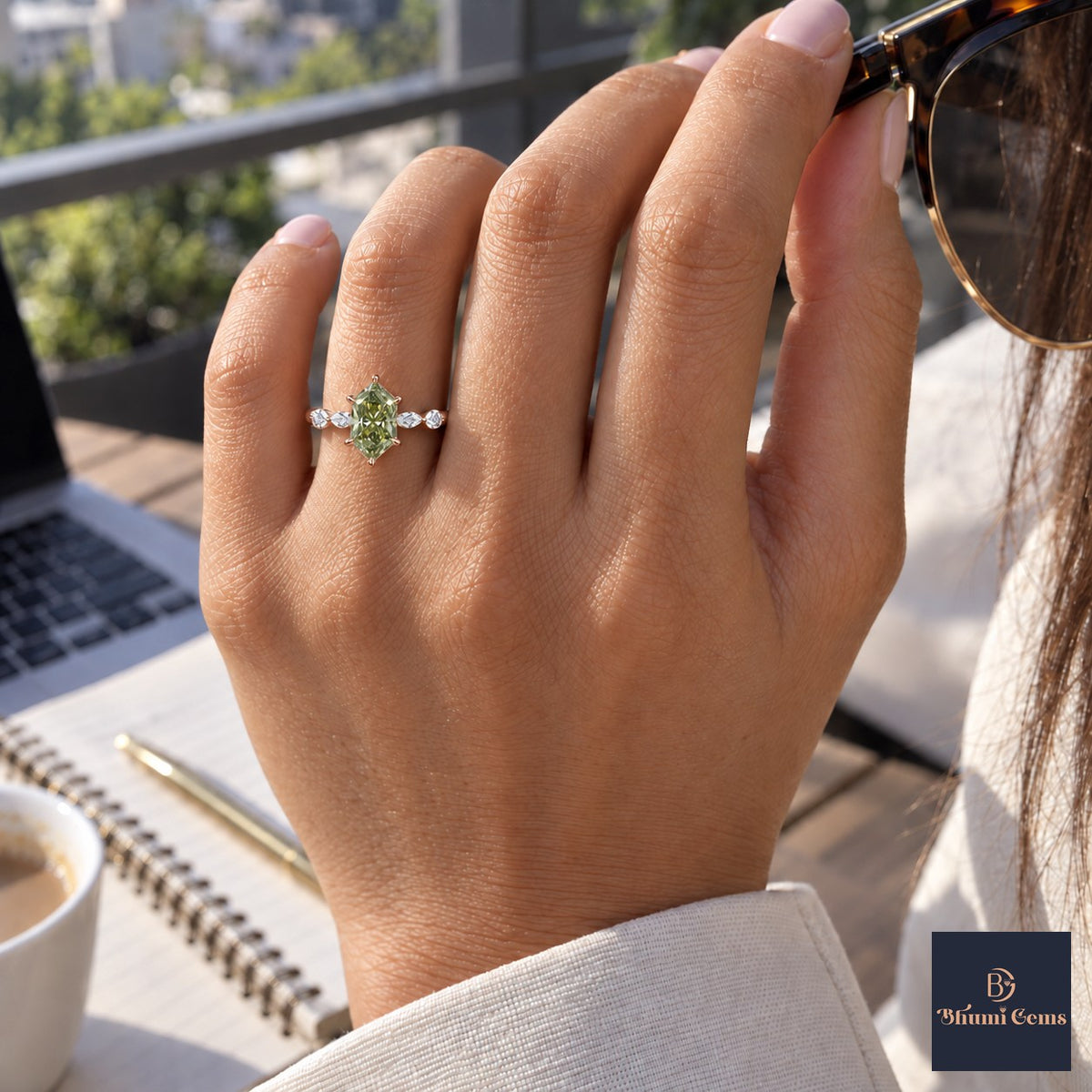 Green Hexagon Cut Lab Grown Diamond Engagement Ring - Marquise and Round Accents in rose gold, worn on the hand