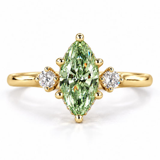 Green Marquise Cut Lab Grown Diamond Engagement Ring - Three Stone in yellow gold, front view