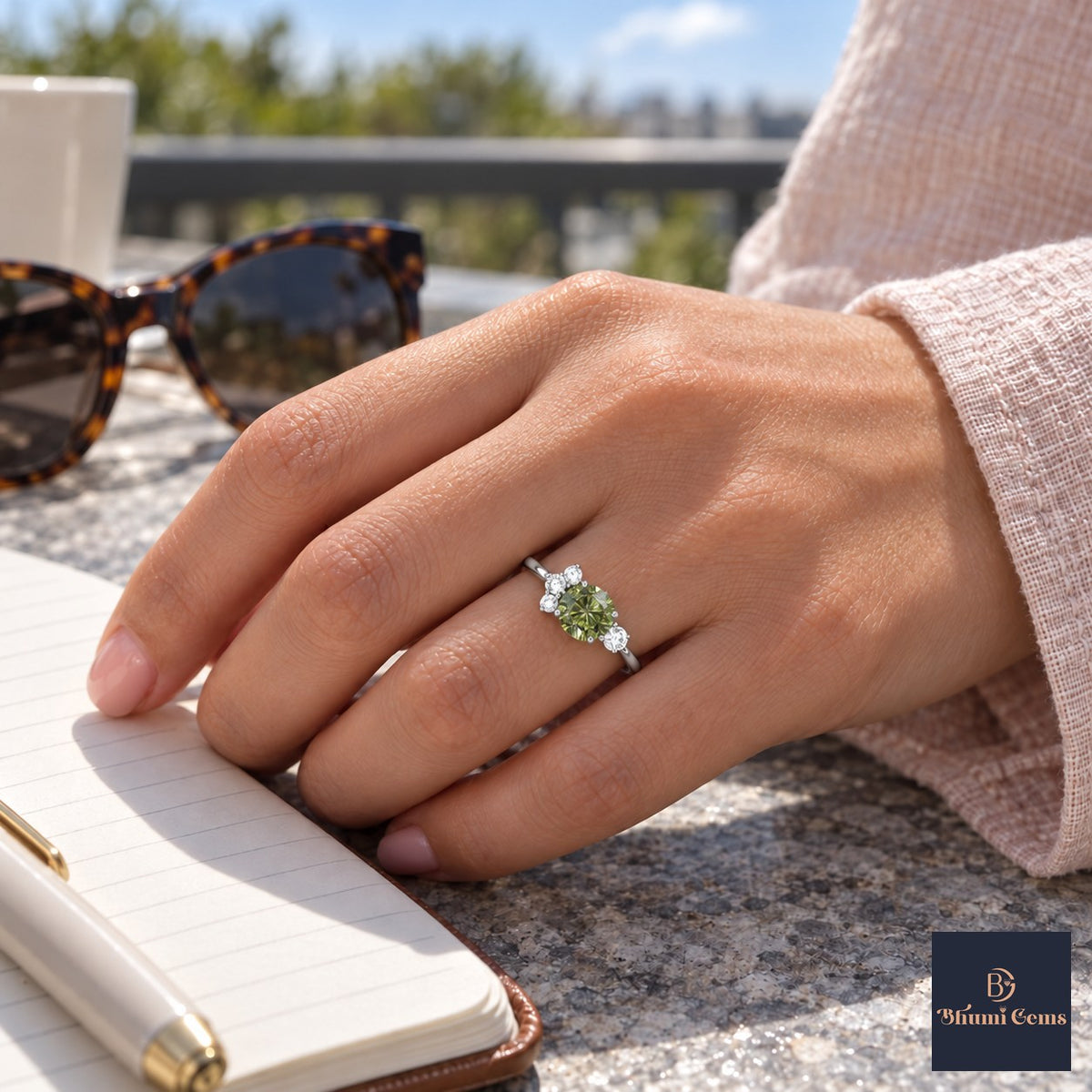Green Oval Cut Lab Grown Diamond Engagement Ring - Asymmetric Cluster in white gold, worn on the hand
