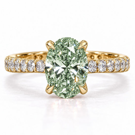 Green Oval Cut Lab Grown Diamond Engagement Ring - Cathedral Pave Band in yellow gold, front view