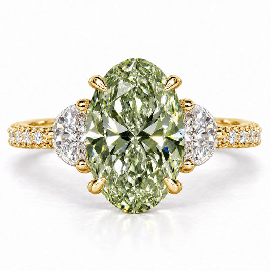 Green Oval Cut Lab Grown Diamond Engagement Ring - Half Moon Pave in yellow gold, front view