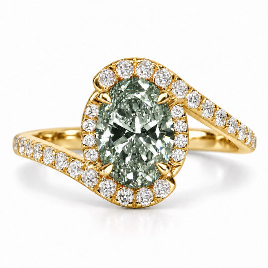 Green Oval Cut Lab Grown Diamond Engagement Ring - Halo Bypass in yellow gold, front view