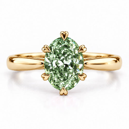 Green Oval Cut Lab Grown Diamond Engagement Ring - Heart Prong Solitaire in yellow gold, front view