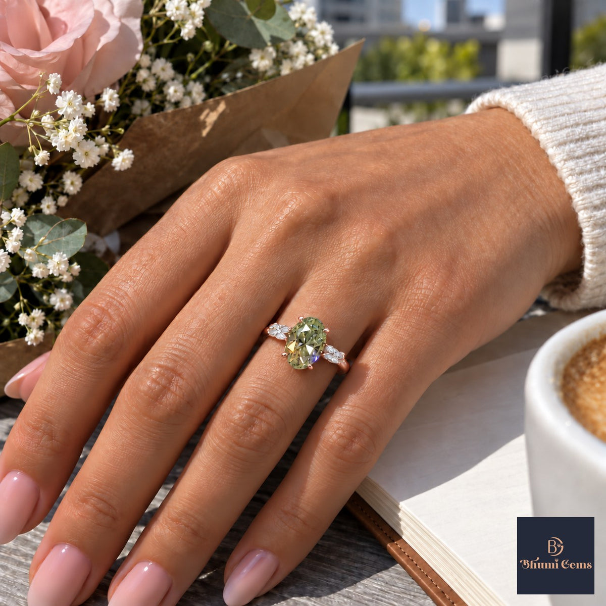 Green Oval Cut Lab Grown Diamond Engagement Ring - Leaf Bypass in rose gold, worn on the hand