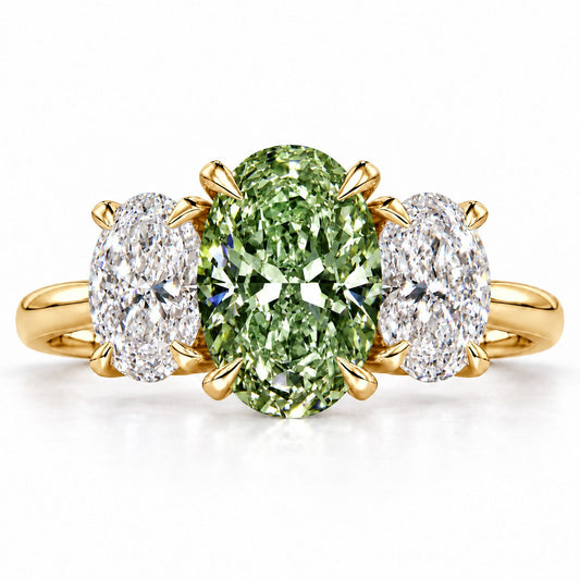 Green Oval Cut Lab Grown Diamond Engagement Ring - Oval Three Stone in yellow gold, front view