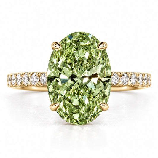 Green Oval Cut Lab Grown Diamond Engagement Ring - Pave Band in yellow gold, front view