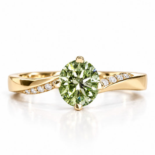 Green Oval Cut Lab Grown Diamond Engagement Ring - Pave Twist Bypass in yellow gold, front view