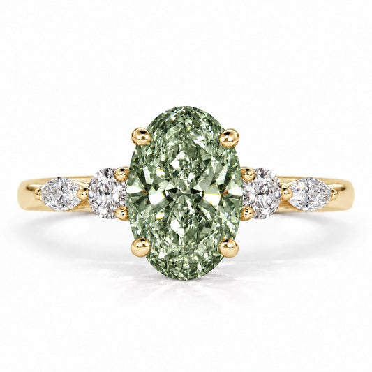 Green Oval Cut Lab Grown Diamond Engagement Ring - Round and Marquise Accents in yellow gold, front view