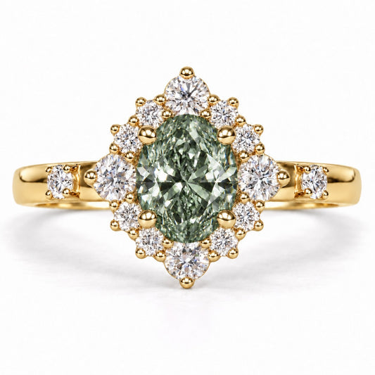 Green Oval Cut Lab Grown Diamond Engagement Ring - Scalloped Halo in yellow gold, front view
