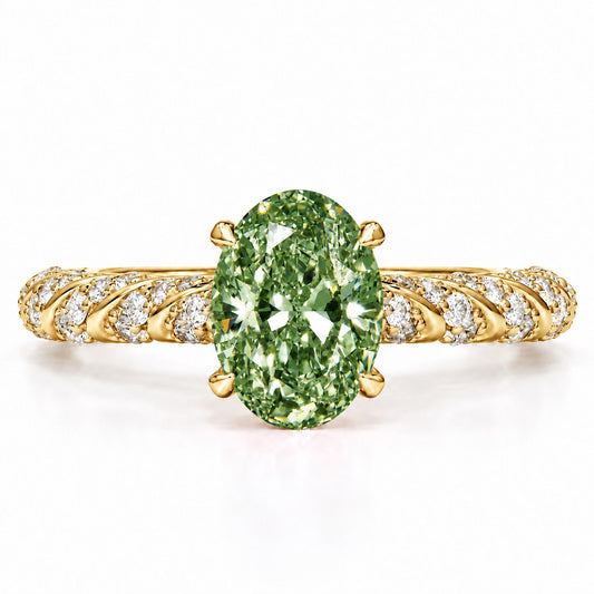 Green Oval Cut Lab Grown Diamond Engagement Ring - Twisted Rope Band in yellow gold, front view