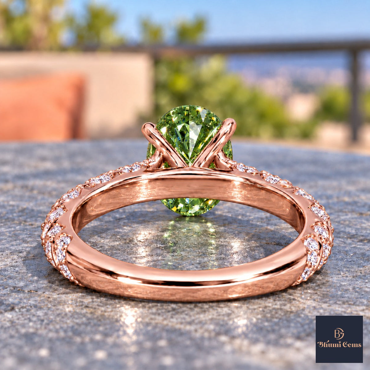 Green Oval Cut Lab Grown Diamond Engagement Ring - Twisted Rope Band in rose gold, gallery view