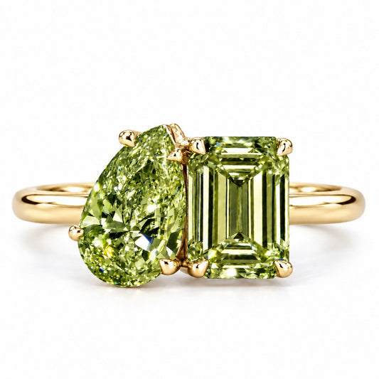 Green Pear and Emerald Cut Lab Grown Diamond Engagement Ring - Toi et Moi in yellow gold, front view
