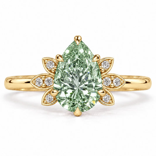 Green Pear Cut Lab Grown Diamond Engagement Ring - Floral Leaf Accents in yellow gold, front view