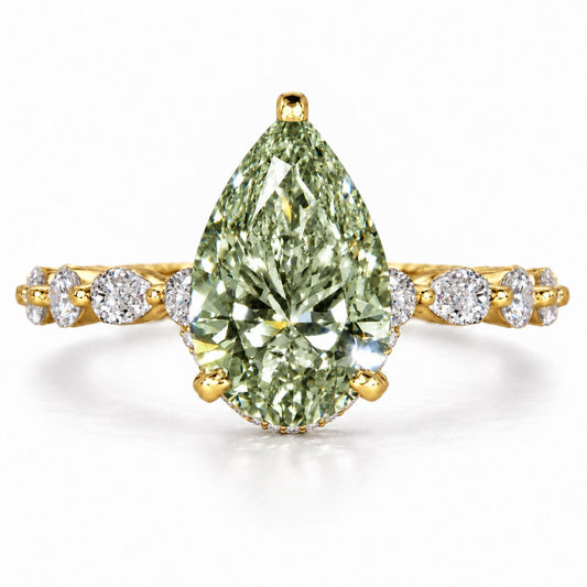 Green Pear Cut Lab Grown Diamond Engagement Ring - Navette Band in yellow gold, front view