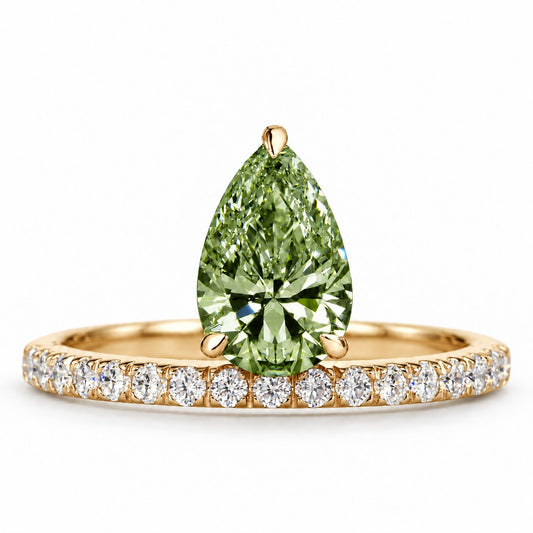 Green Pear Cut Lab Grown Diamond Engagement Ring - Pave Band in yellow gold, front view