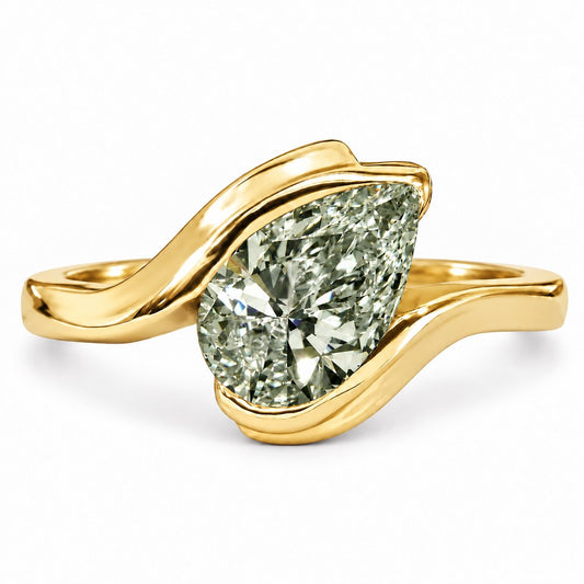 Green Pear Cut Lab Grown Diamond Engagement Ring - Wrap Bypass Solitaire in yellow gold, front view