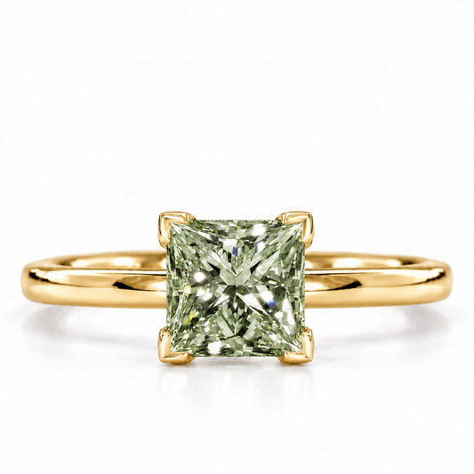 Green Princess Cut Lab Grown Diamond Engagement Ring - Classic Solitaire in yellow gold, front view