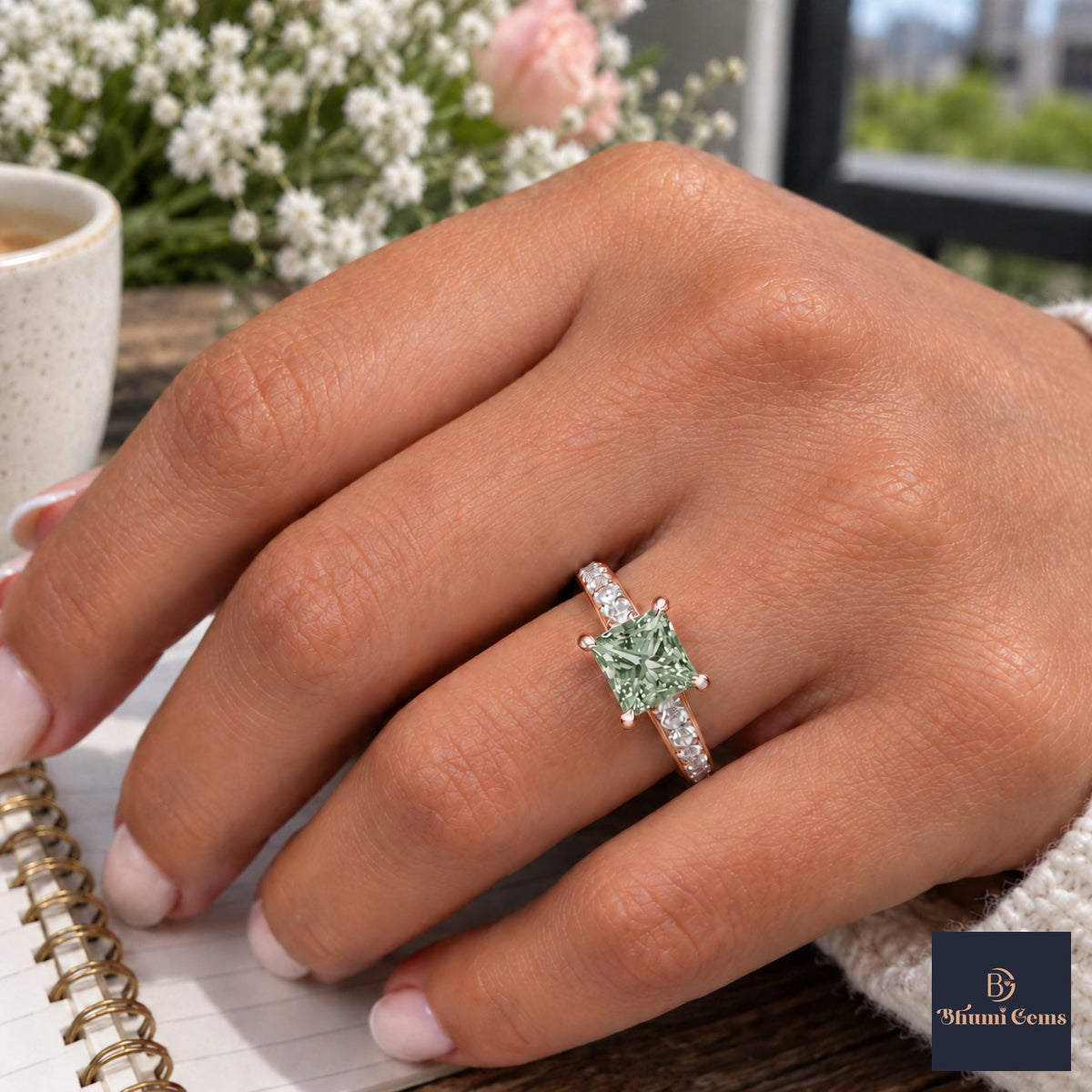 Green Princess Cut Lab Grown Diamond Engagement Ring - Pave Band in rose gold, worn on the hand