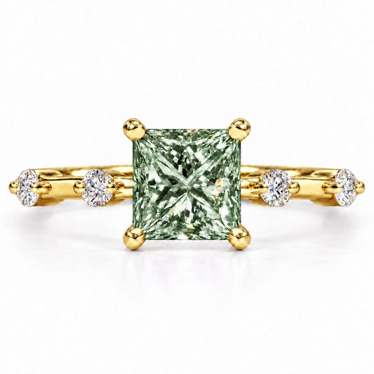 Green Princess Cut Lab Grown Diamond Engagement Ring - Station Band in yellow gold, front view