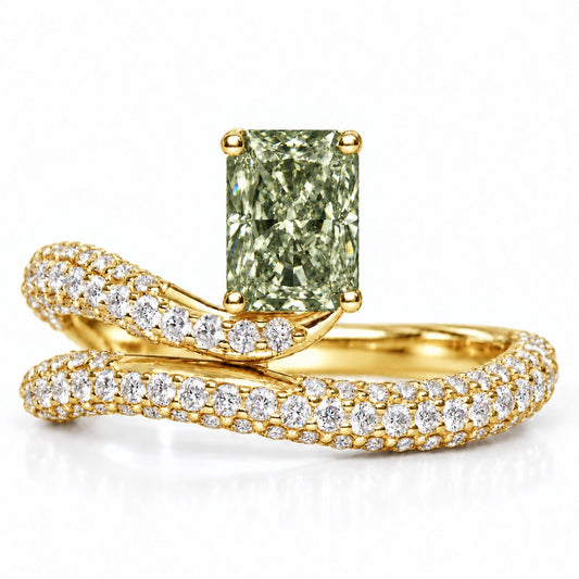 Green Radiant Cut Lab Grown Diamond Engagement Ring - Pave Wrap Bypass in yellow gold, front view