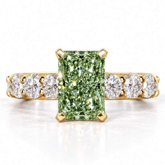 Green Radiant Cut Lab Grown Diamond Engagement Ring - Shared Prong Band in yellow gold, front view