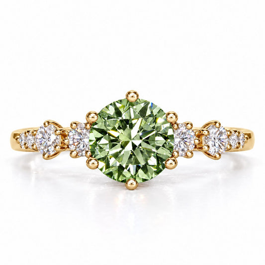 Green Round Cut Lab Grown Diamond Engagement Ring - Cluster Shoulders in yellow gold, front view