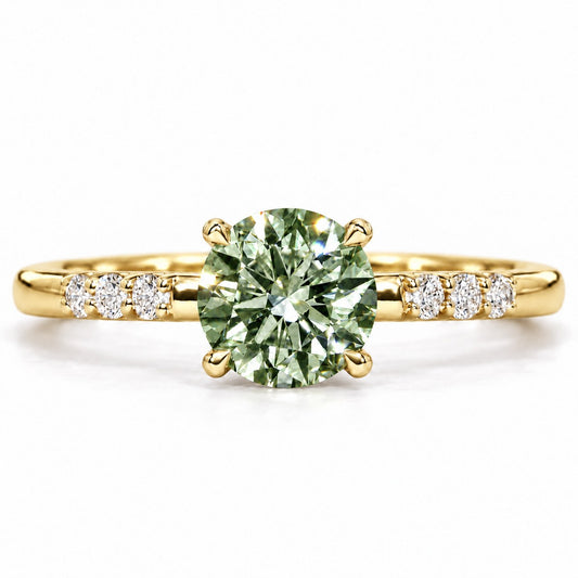 Green Round Cut Lab Grown Diamond Engagement Ring - Pave Shoulders in yellow gold, front view