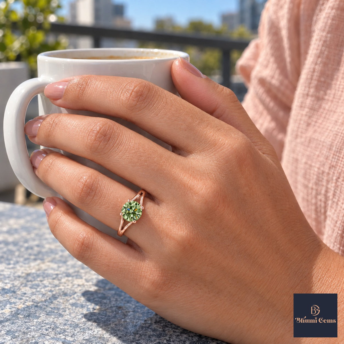 Green Round Cut Lab Grown Diamond Engagement Ring - Split Shank in rose gold, worn on the hand