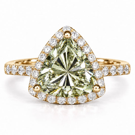Green Trillion Cut Lab Grown Diamond Engagement Ring - Halo in yellow gold, front view