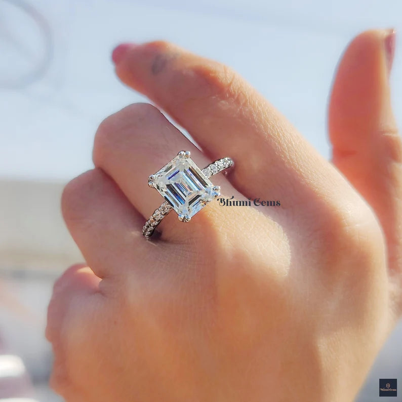 4 CT Colorless Emerald Cut Moissanite Engagement Ring - view 6