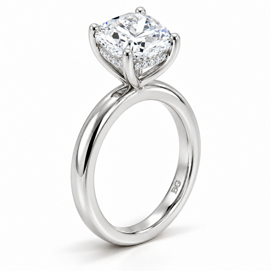 Cushion cut lab grown diamond hidden halo engagement ring with plain band in white gold