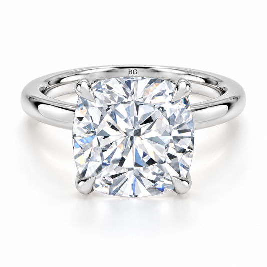 Cushion cut lab grown diamond solitaire ring with plain band in white gold