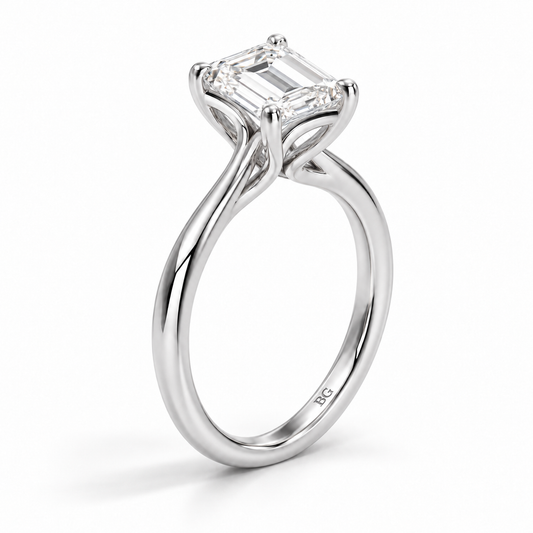 Emerald cut lab grown diamond cathedral solitaire engagement ring in white gold