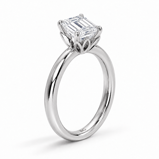 Emerald cut lab grown diamond solitaire engagement ring with lotus basket and plain band in white gold