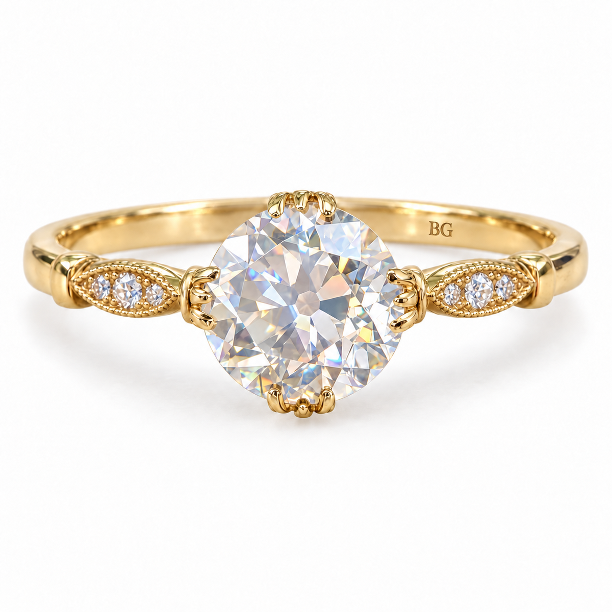 3.14 TCW Round Old European Cut Moissanite Vintage Engagement Ring - Yellow gold - front view