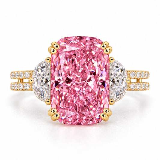 Pink Elongated Cushion Cut Lab Grown Diamond Engagement Ring - Half Moon Split Shank in yellow gold, front view