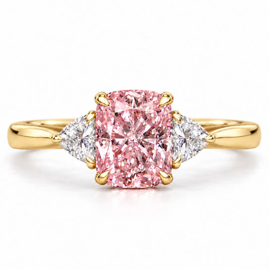 Pink Elongated Cushion Cut Lab Grown Diamond Engagement Ring - Trillion Three Stone in yellow gold, front view