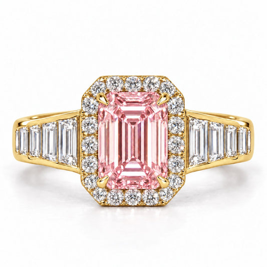 Pink Emerald Cut Lab Grown Diamond Engagement Ring - Halo and Baguette Shoulders in yellow gold, front view