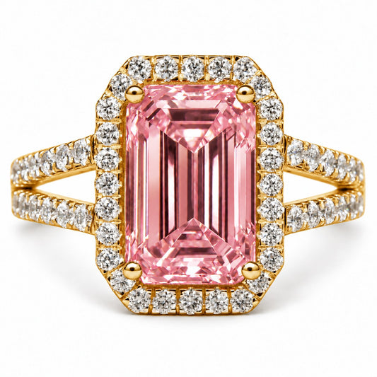 Pink Emerald Cut Lab Grown Diamond Engagement Ring - Halo Split Shank in yellow gold, front view