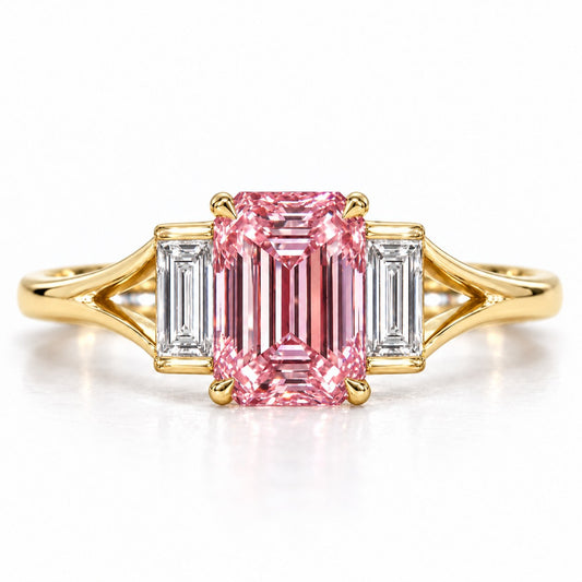 Pink Emerald Cut Lab Grown Diamond Engagement Ring - Trapezoid Three Stone in yellow gold, front view
