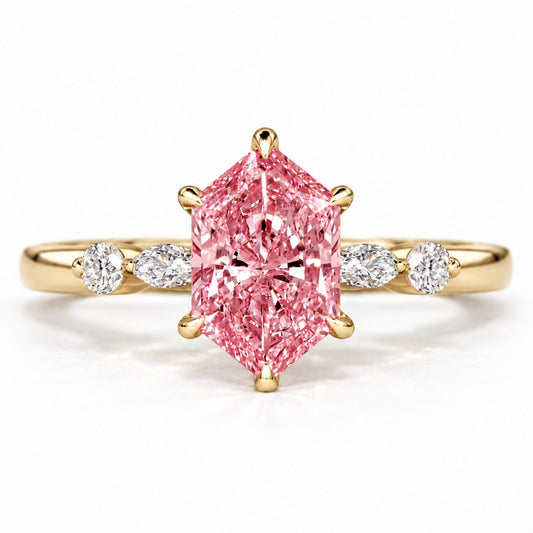 Pink Hexagon Cut Lab Grown Diamond Engagement Ring - Marquise and Round Accents in yellow gold, front view