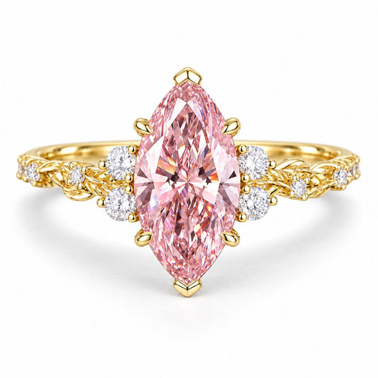 Pink Marquise Cut Lab Grown Diamond Engagement Ring - Cluster Vine Band in yellow gold, front view