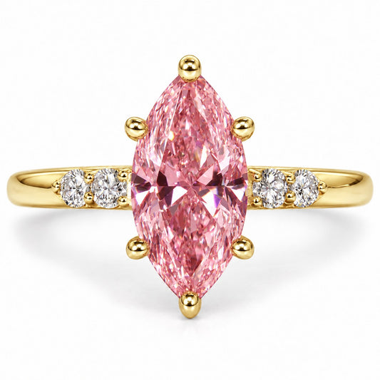 Pink Marquise Cut Lab Grown Diamond Engagement Ring - Round Accents in yellow gold, front view