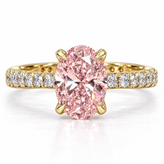Pink Oval Cut Lab Grown Diamond Engagement Ring - Cathedral Pave Band in yellow gold, front view
