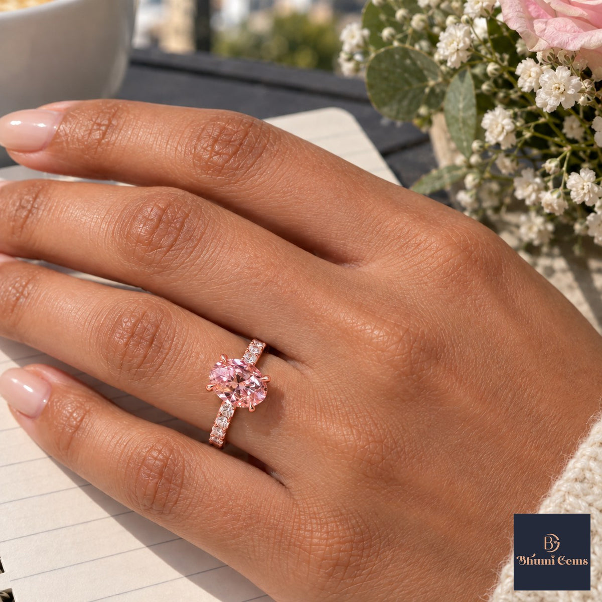 Pink Oval Cut Lab Grown Diamond Engagement Ring - Cathedral Pave Band in rose gold, worn on the hand