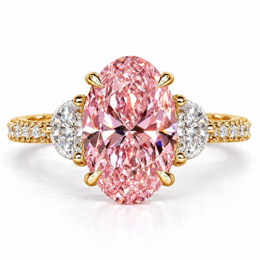 Pink Oval Cut Lab Grown Diamond Engagement Ring - Half Moon Pave in yellow gold, front view