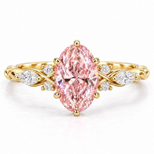 Pink Oval Cut Lab Grown Diamond Engagement Ring - Leaf Cluster Shoulders in yellow gold, front view