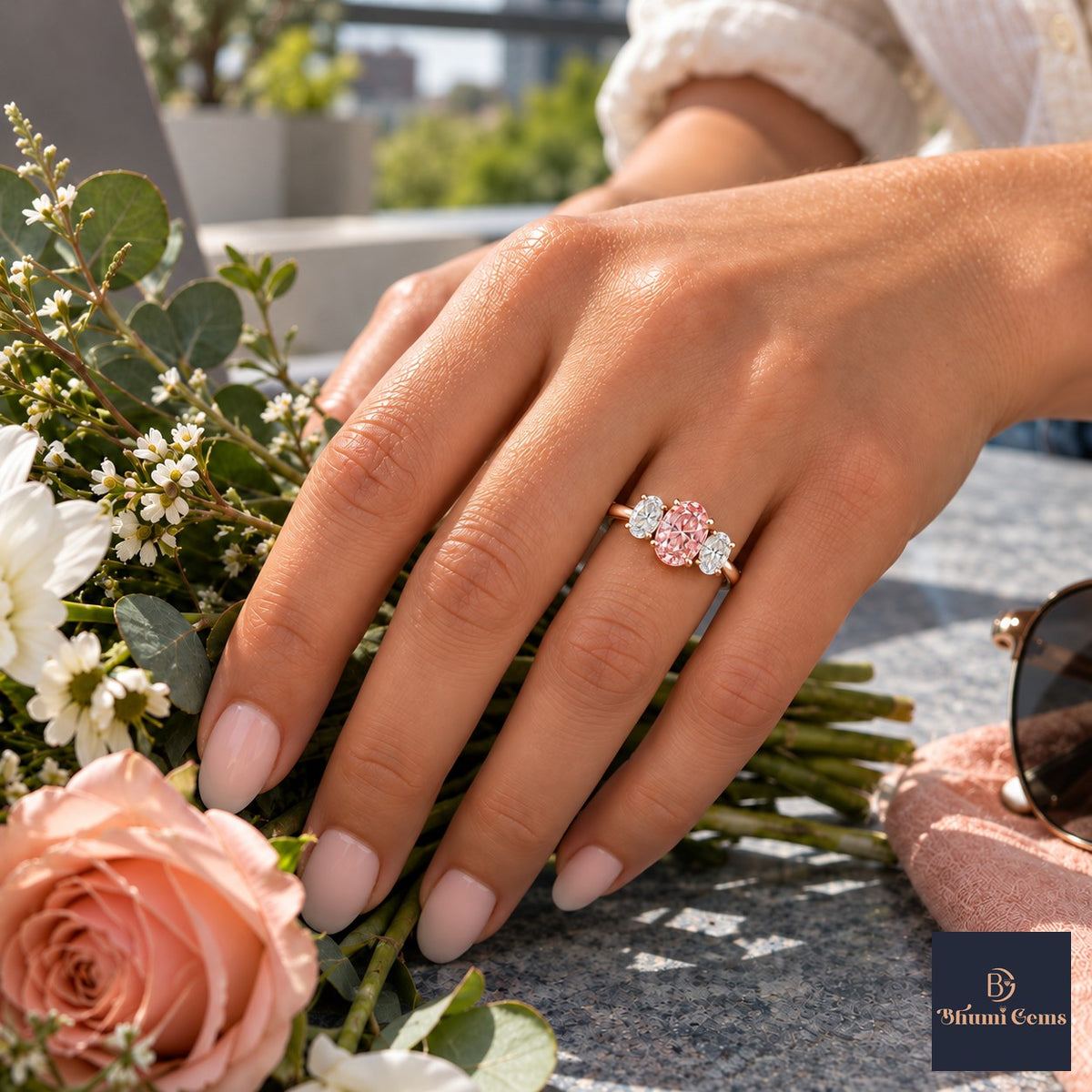 Pink Oval Cut Lab Grown Diamond Engagement Ring - Oval Three Stone in rose gold, worn on the hand