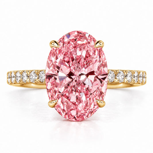 Pink Oval Cut Lab Grown Diamond Engagement Ring - Pave Band in yellow gold, front view