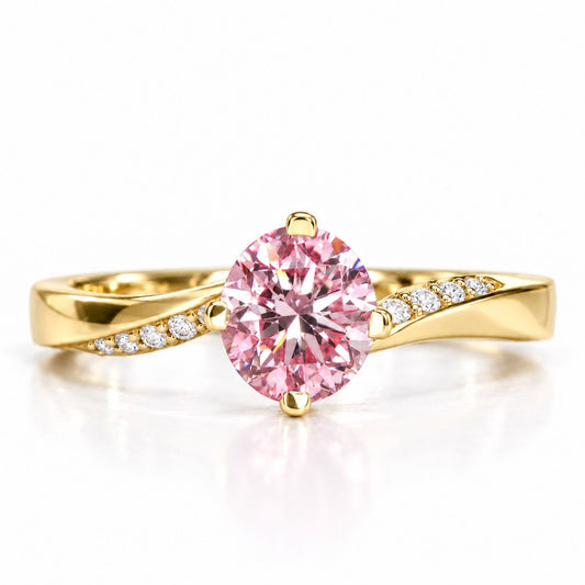 Pink Oval Cut Lab Grown Diamond Engagement Ring - Pave Twist Bypass in yellow gold, front view